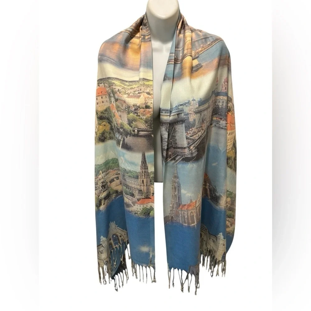 Large Hungarian Budapest Shawl Cloak Pashmina Cashmere Wrap Fringe Blue 75X30”